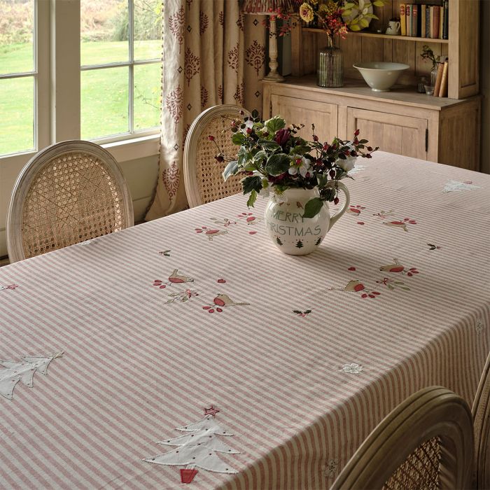 Red Stripe Robin & Rosehip Christmas Tablecloth – Large