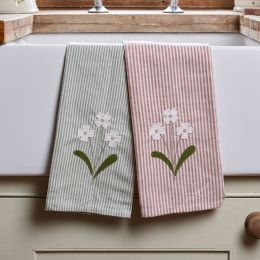 2 Hand embroidered cotton tea towels flower design on stripes