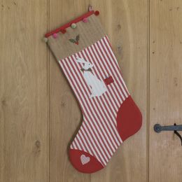 Red and white stripe stocking with embroidered hare detail, fully lined for added strength.  