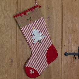 Handmade Christmas tree stocking on red and white stripe fabric. Optional name personalisation. 