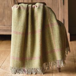 bright green tartan wool throw with stripes of pink and saffron running through