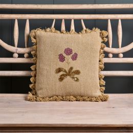 Embroidered Golden Auricula Rustic Linen Cushion with Tassels