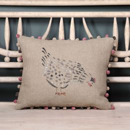 linen cushion embroidered with hen detail in shades of silver and grey. Pink and charcoal pompom trim