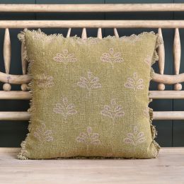 Summer Green Reverse Leaf Rustic Linen Cushion