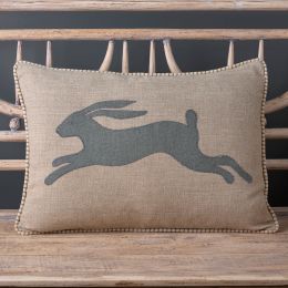 linen cushion with an applique running hare in charcoal. 