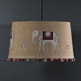 Embroidered Rustic Linen 14" Pendant Lampshade with Pompoms