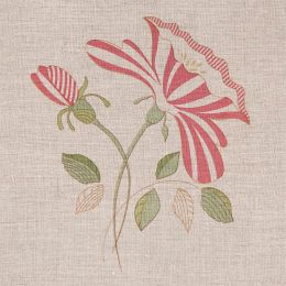 linen fabric printed with a rose flower design in reds and greens