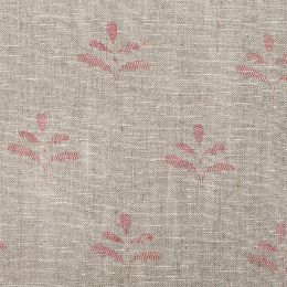 natural linen fabric printed all over with a delicate red leaf motif
