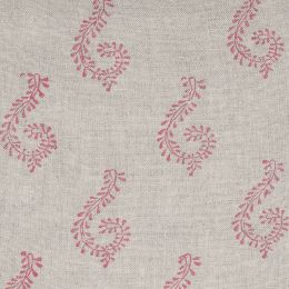 linen fabric printed all over with a delicate red motif 