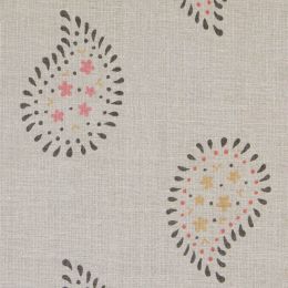 linen fabric printed all over with a paisley inspired design in charcoal, pink and yellow
