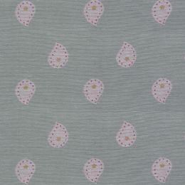 blue cotton fabric printed all over with a cream, pink and yellow motif