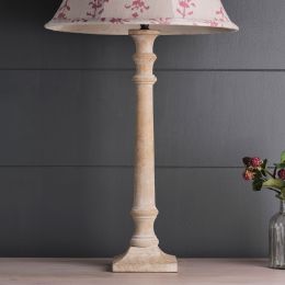 Handmade wooden stick lamp base hand-painted in a whitewash finish.