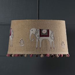 Embroidered  Rustic Linen 16" Pendant Lampshade with Pompoms