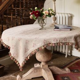 Red Leaf Rustic linen Tablecloth/Bridge Cloth - Tassels