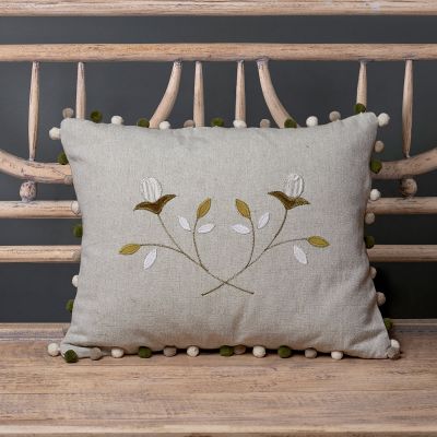 Embroidered Crossed White Rosebuds Cotton Cushion - Grey
