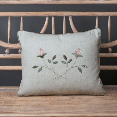 Embroidered Crossed Rosebuds Cotton Cushion - Sea