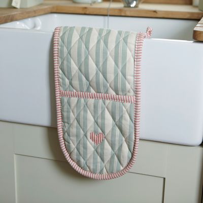 Handmade cotton oven gloves, duck egg blue embroidered red heart