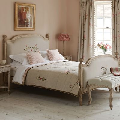 Ex-Display - Upholstered Full Bed in Pink Rosebud Linen - King Size