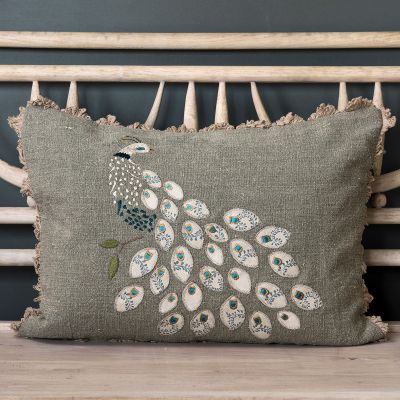green blue linen cushion delicately embroidered and appliqued with a beautiful pheasant design. 