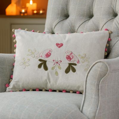 Handmade using linen and velvet applique and embroidery on a delicate grey 100% cotton base cloth with rose and Beech Pompoms.