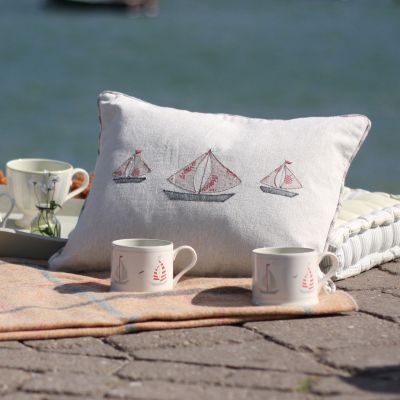 Embroidered Grey Red Boat Cushion