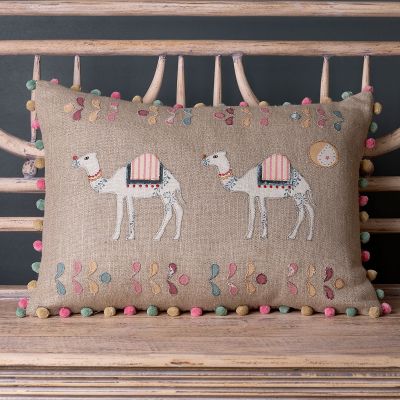 Embroidered Camel Trail Linen Cushion