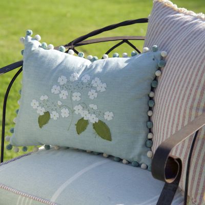 Embroidered Duck Egg Lacecap Hydrangea Cushion