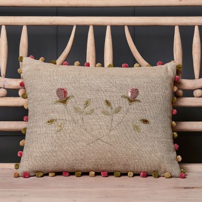 Embroidered Crossed Rosebuds Rustic Linen Cushion