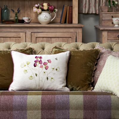 Embroidered Sweet Peas Linen Cushion