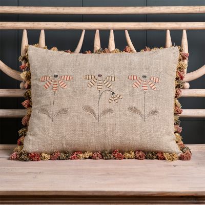 Appliqued Linen Echinacea Cushion with Tassels