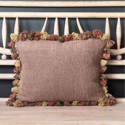 Dusky Mauve Rustic Linen Cushion with Tassels