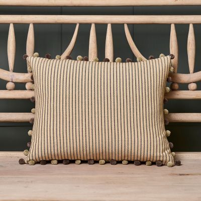 Charcoal Dimity Stripe Cushion with Pompom