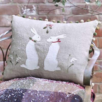 Embroidered Winter Hares Linen Cushion