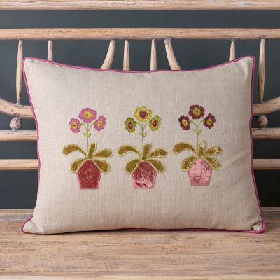 Embroidered Auriculas Linen Cushion