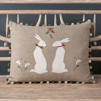 Embroidered Winter Hares Linen Cushion