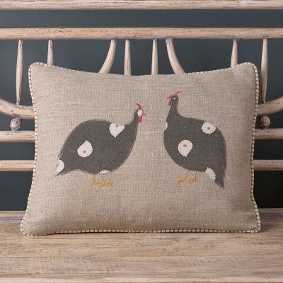 Applique Guinea Fowl Pair Rustic Linen Cushion