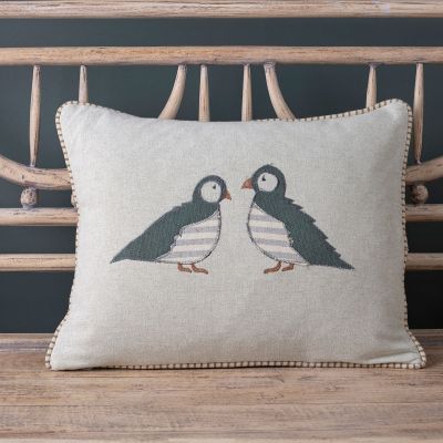 Embroidered Puffins Cushion