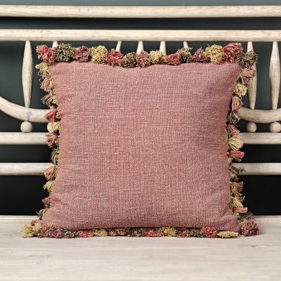 Large Red Earth Rustic Linen Cushion with Tassels