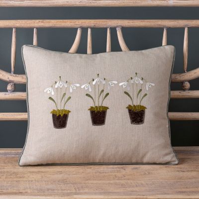 Embroidered Three Snowdrops Charcoal Linen Cushion