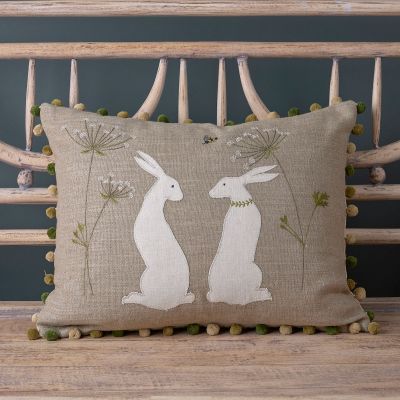Embroidered Summer Hares Linen Cushion