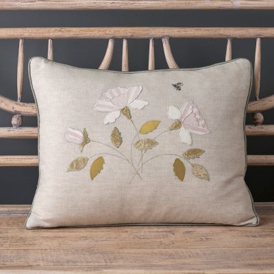 Embroidered White Rose Linen Cushion