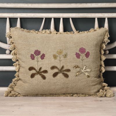 Embroidered Golden Auriculas Linen Cushion with Tassels