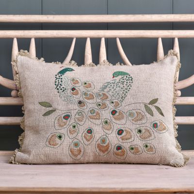 Embroidered Peacock Pair Linen Cushion