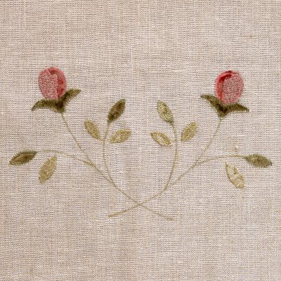 Embroidered Pink Rosebud White Rustic Linen Panel – 142LW