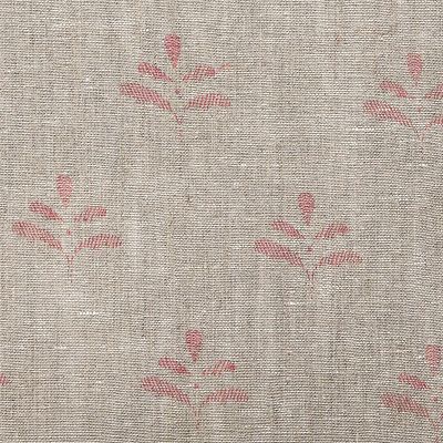 natural linen fabric printed all over with a delicate red leaf motif