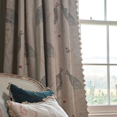 Pair of Curtains in Teal Blue Guinea Fowl Linen 230 (W) x 240cm (L)