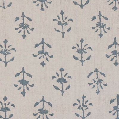 linen fabric printed all over with a blue block print floral design