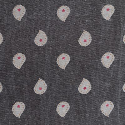 charcoal cotton fabric printed with a white, yellow and pink motif