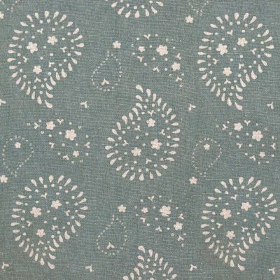 blue green cotton fabric printed with a cream paisley inspired design