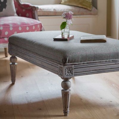 Carved Footstool - Grey Red Check Wool